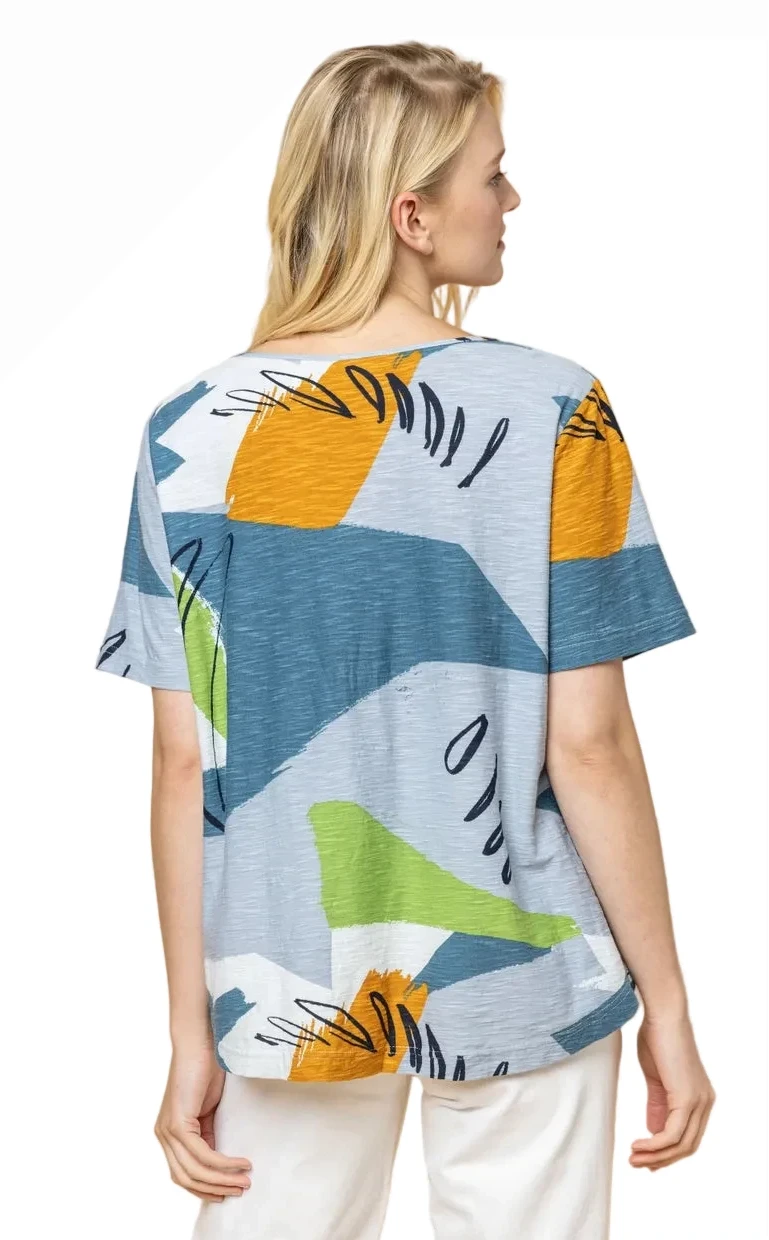 KOMIL 187 Squiggle Multicolor 100% Cotton Round Neck Short Sleeve Top With Pockets