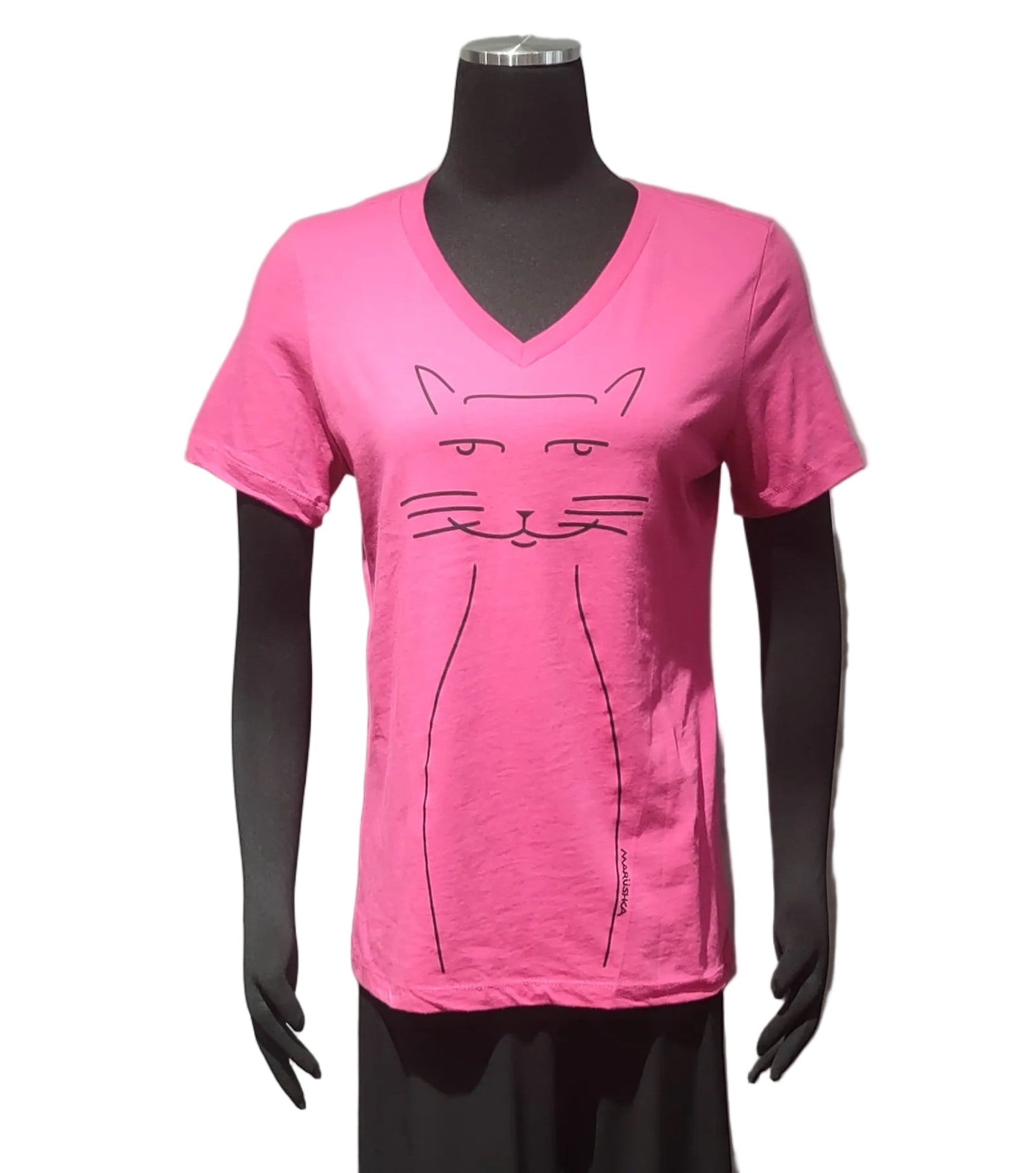 Marüshka RVNBMW WHISKERS Black On Magenta Relaxed V Neck Short Sleeve T-Shirt