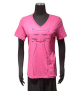 Marüshka RVNBMW WHISKERS Black On Magenta Relaxed V Neck Short Sleeve T-Shirt