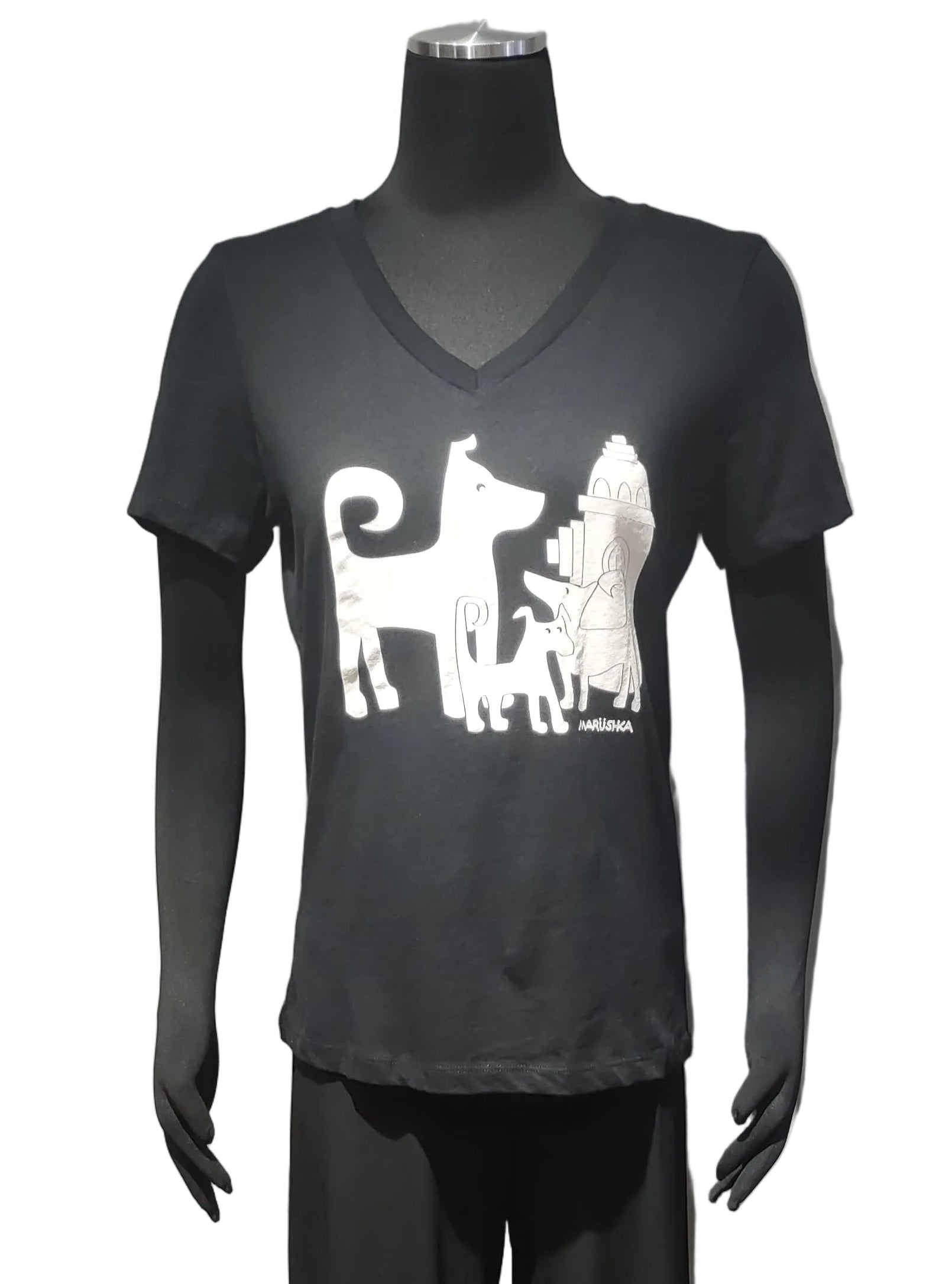 Marüshka RVNWBDS DOG SQUAD White On Black Relaxed V Neck Short Sleeve T-Shirt