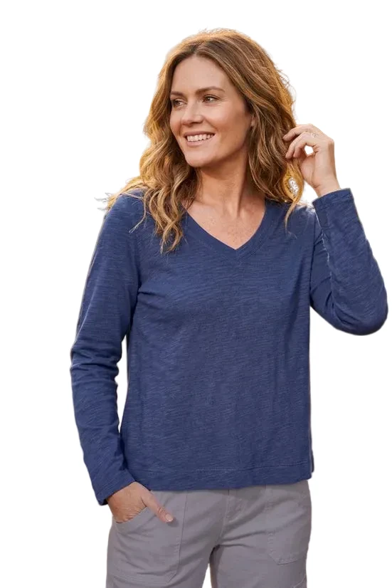 Escape By Habitat 10037NV NAVY Soft V-Neck Long Sleeve Short T-Shirt