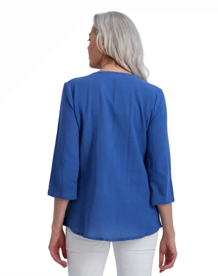 Komil B177-BRI-CO COBALT Brighton 100% Cotton Gauze V-Neck 3/4 Sleeve Top