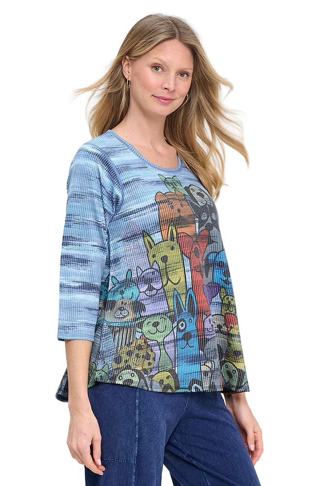 Et'Lois FB31401078 DENIM Cat Dog 3/4 Sleeve Crew Neck Honey Top