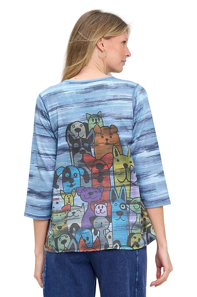 Et'Lois FB31401078 DENIM Cat Dog 3/4 Sleeve Crew Neck Honey Top