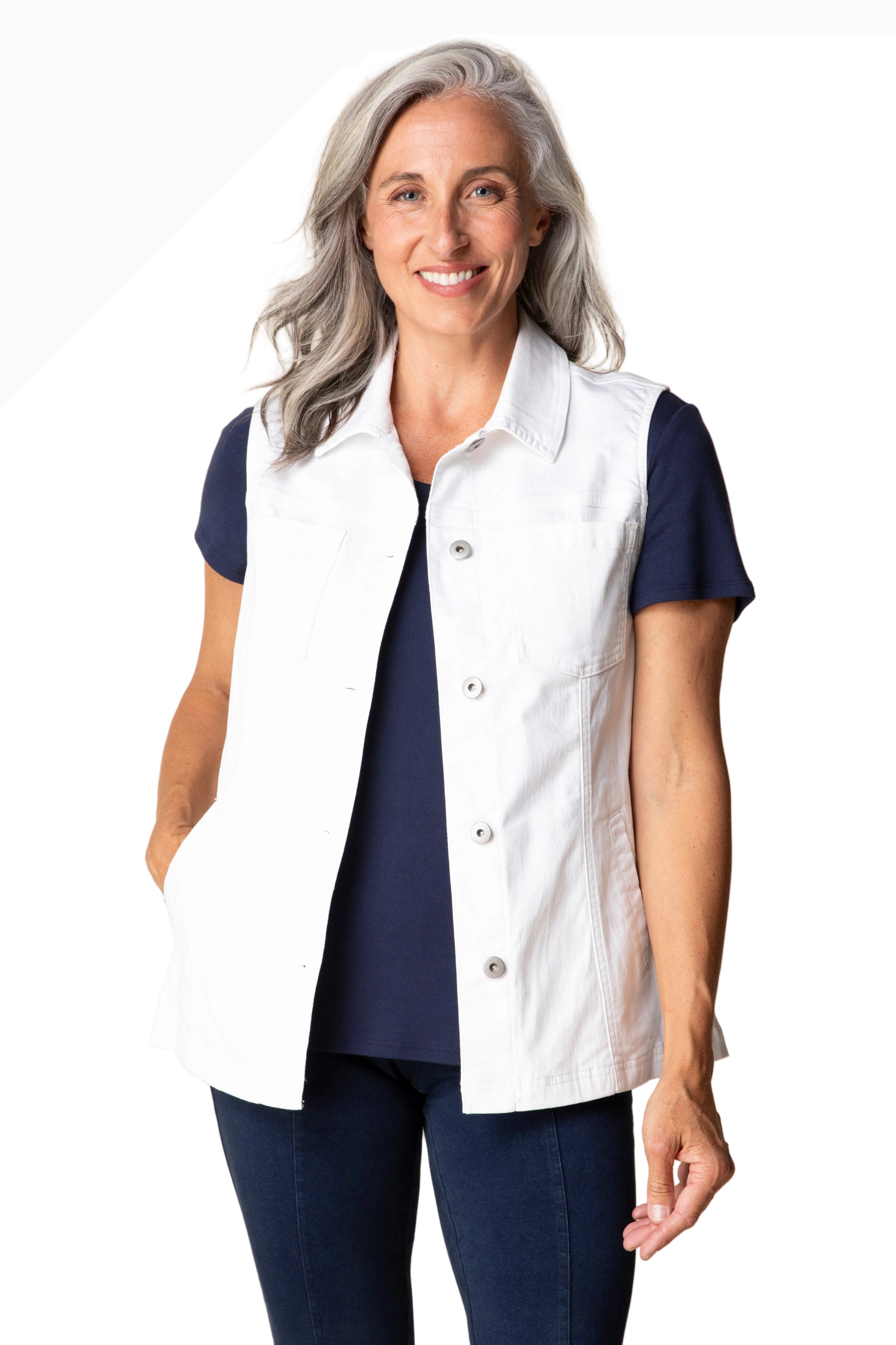 Habitat 11425WT WHITE Button Front Stretch Denim Vest With Four Pockets