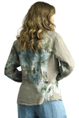 Tempo Paris 14265ATP Taupe And Blue Floral Print 100% Wash Linen One Button Jacket