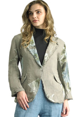 Tempo Paris 14265ATP Taupe And Blue Floral Print 100% Wash Linen One Button Jacket