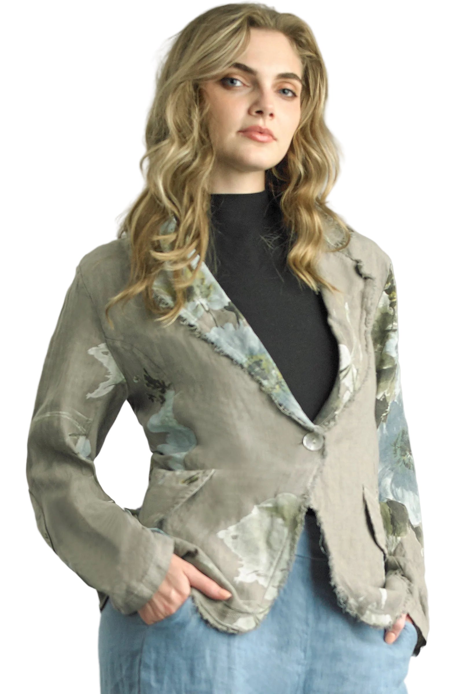 Tempo Paris 14265ATP Taupe And Blue Floral Print 100% Wash Linen One Button Jacket