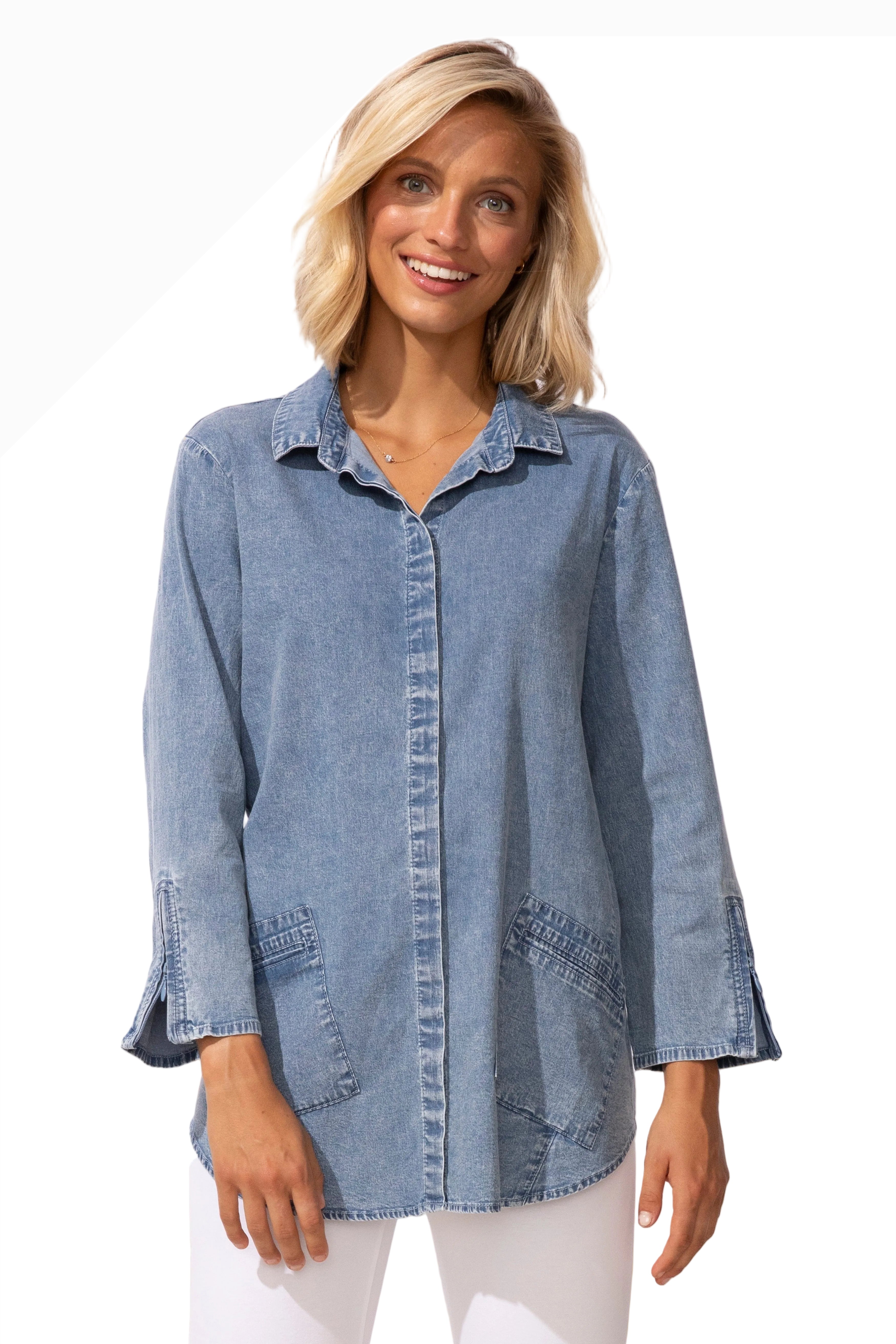 Habitat 15522LD LIGHT DENIM Hidden Placket Button Front Zip Cuff Travel Shirt With Pockets