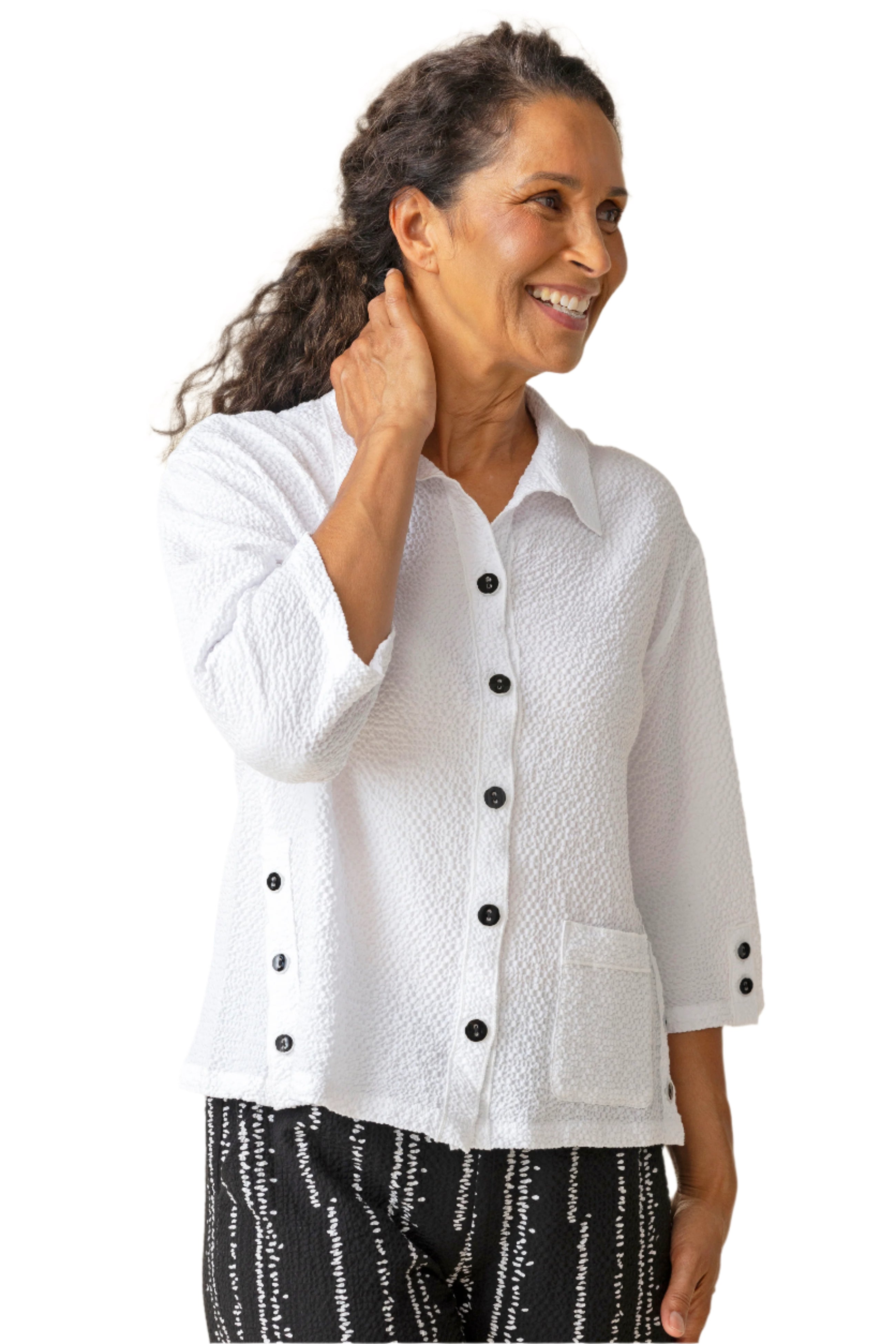 Habitat 21341W White Crinkle Crepe Relaxed Fit Camp Shirt With Button Accents and Pocket