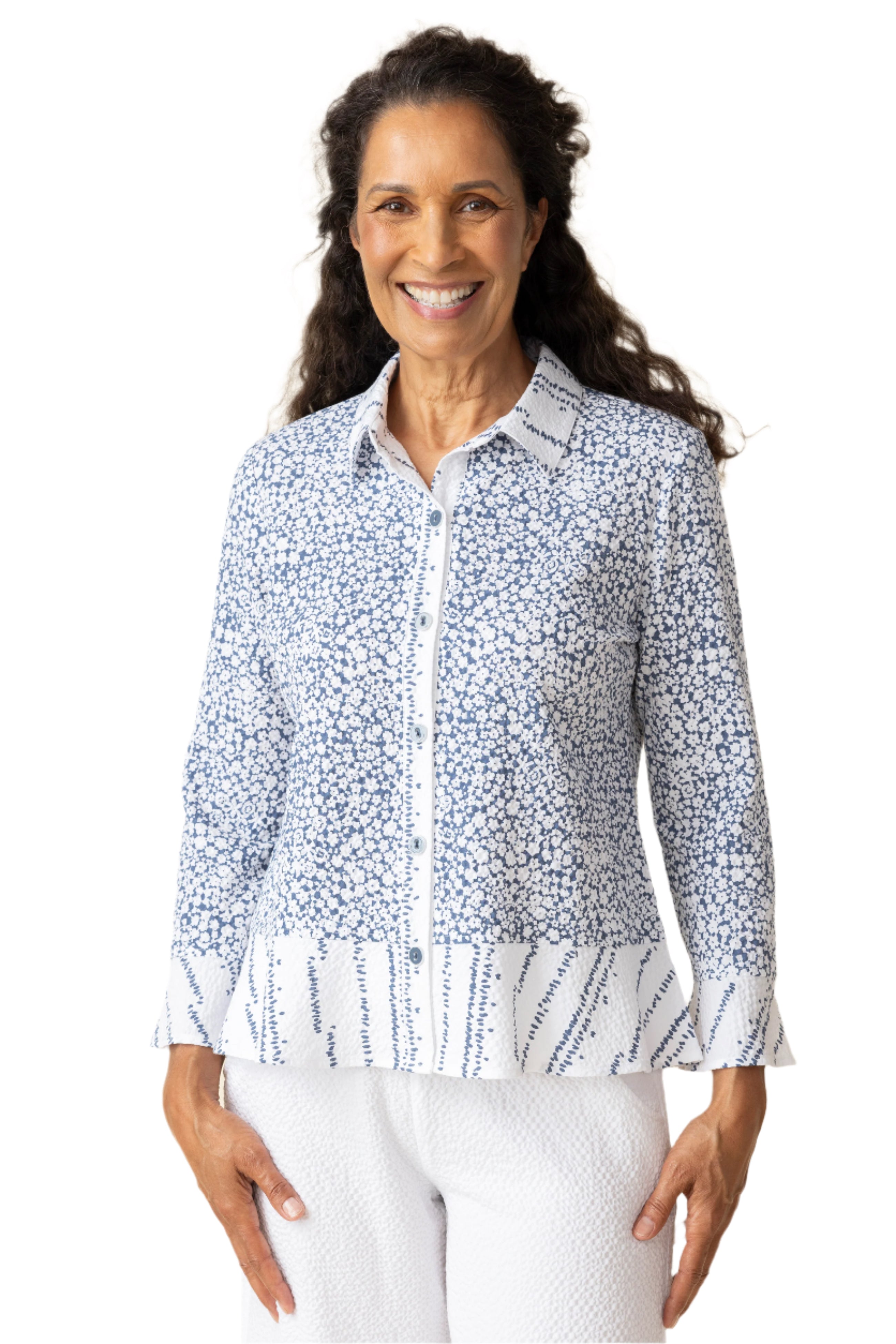 Habitat 21922W White Crinkle Crepe Bud Mix Print Floral Flounce Shirt