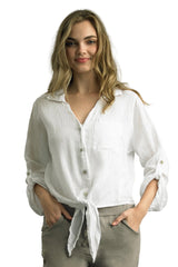 Tempo Paris 2202AWT WHITE Tie Front 100% Wash Linen Blouse