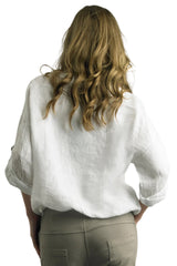 Tempo Paris 22092AWT White Two Pocket 100% Wash Linen Button Front Tie Waist Blouse