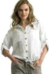 Tempo Paris 22092AWT White Two Pocket 100% Wash Linen Button Front Tie Waist Blouse