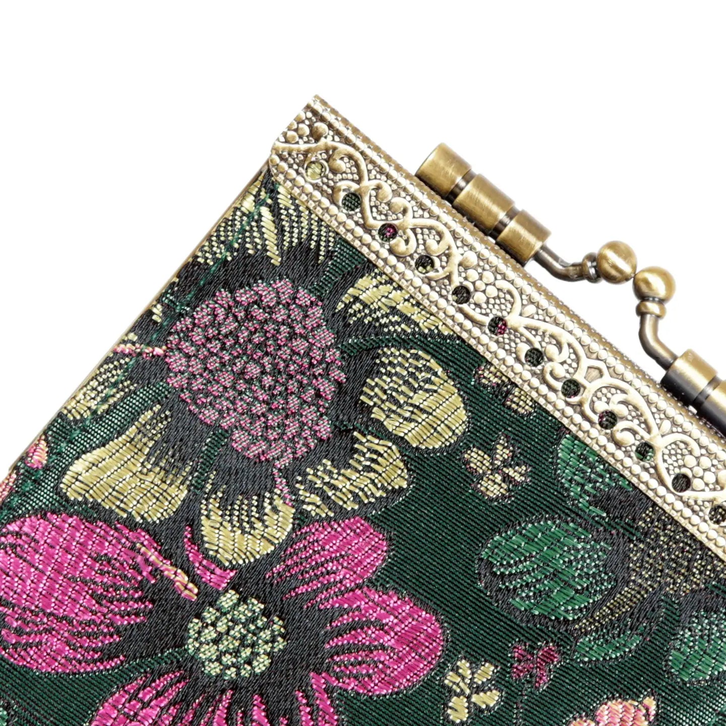 Cathayana CHR-37 Green & Pink Floral Brocade Credit Card Wallet With RFID Protection