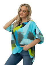 Orange Fashion Village ART-1300T TURQUOISE Sammy's Linen top with Abstract Design