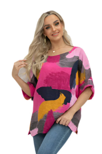 Orange Fashion Village ART-1300F FUCHSIA Sammy's Linen top with Abstract Design
