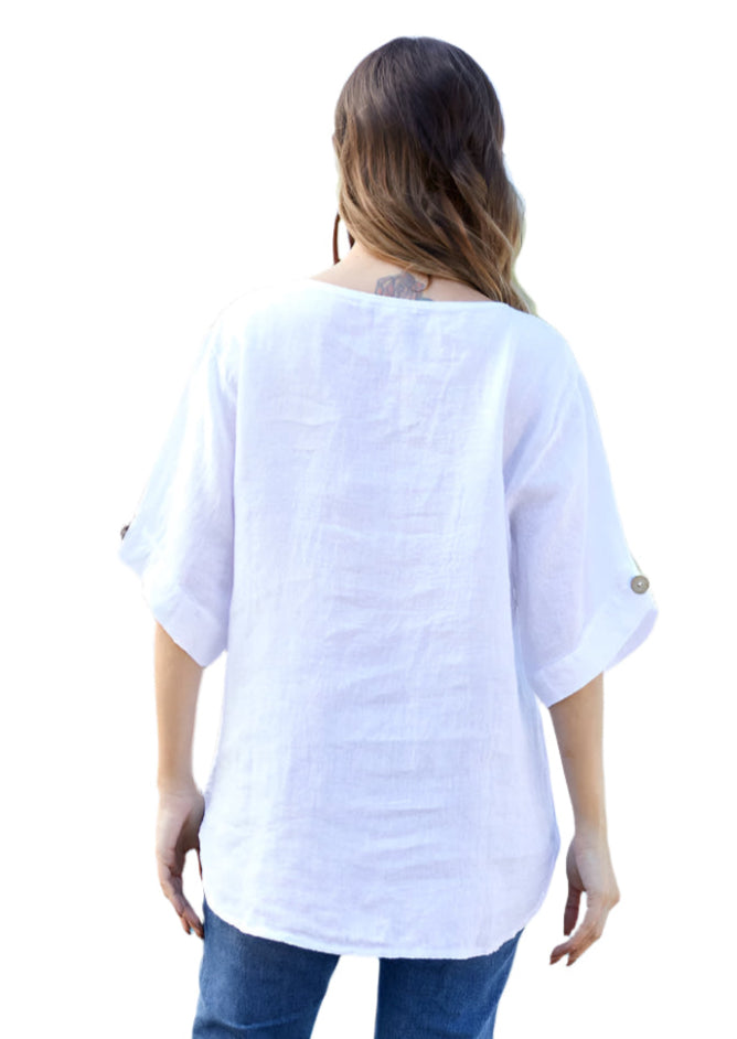 Orange Fashion Village ART17546W WHITE Wood Button Sleeve Detail Linen Top