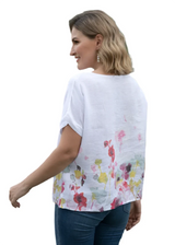 Orange Fashion Village IT-205W White Angela's Watercolor Blossom Linen Top