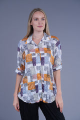 Shana 24058SQ Squares Crinkle Printed Dolman Sleeve Shirt
