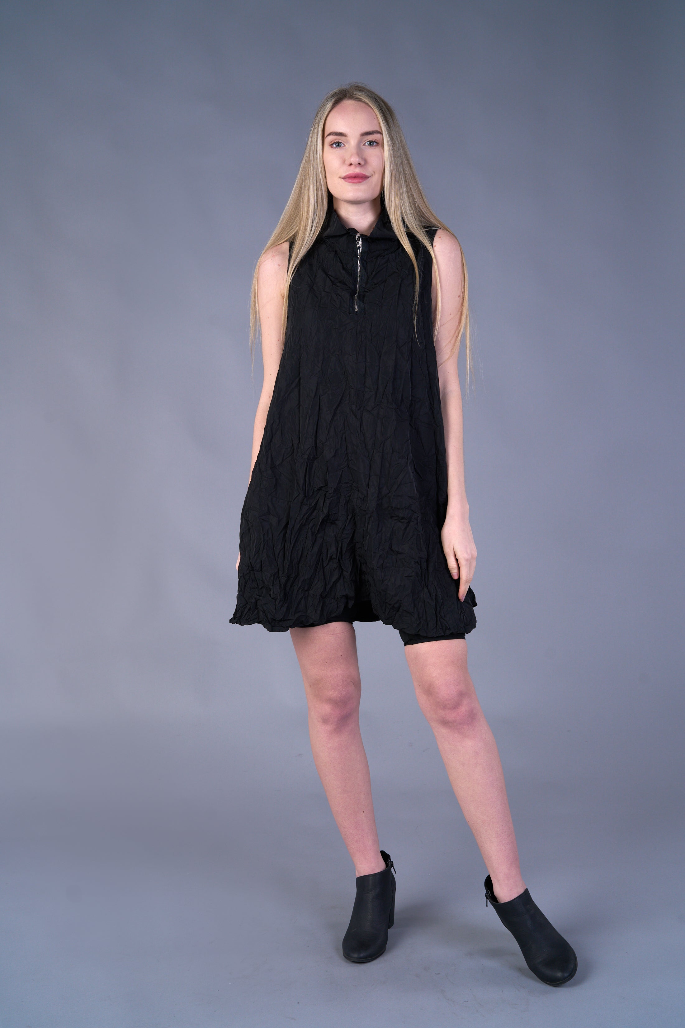 Shana 24528BK Solid Black Parachute Crush Short Zip Neck Sleeveless Tank Dress