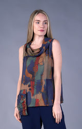 Shana 24535BU Blue Sleeveless Cowl Neck Top With Dropped Pocket