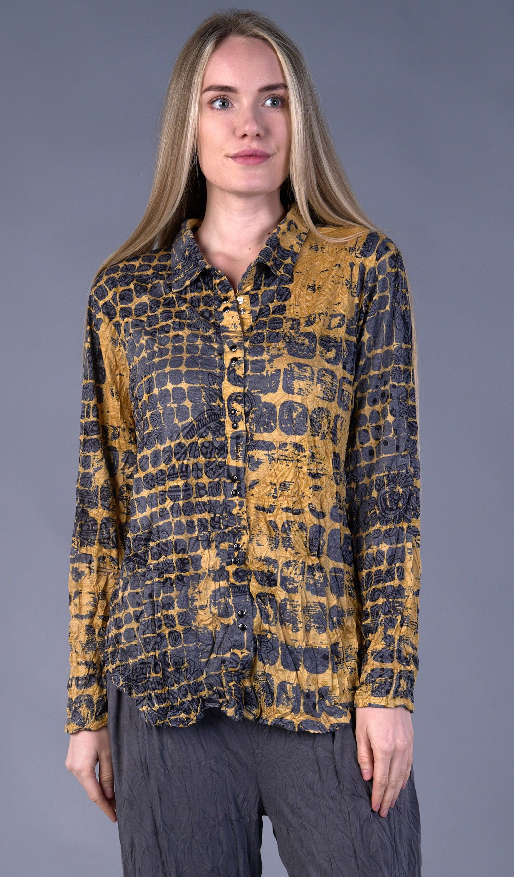 Shana 24623MU Mustard and Black Button Front Long Sleeve Blouse