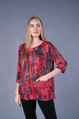 Shana 24656RD Red and Black Geometric Print Crinkle Top