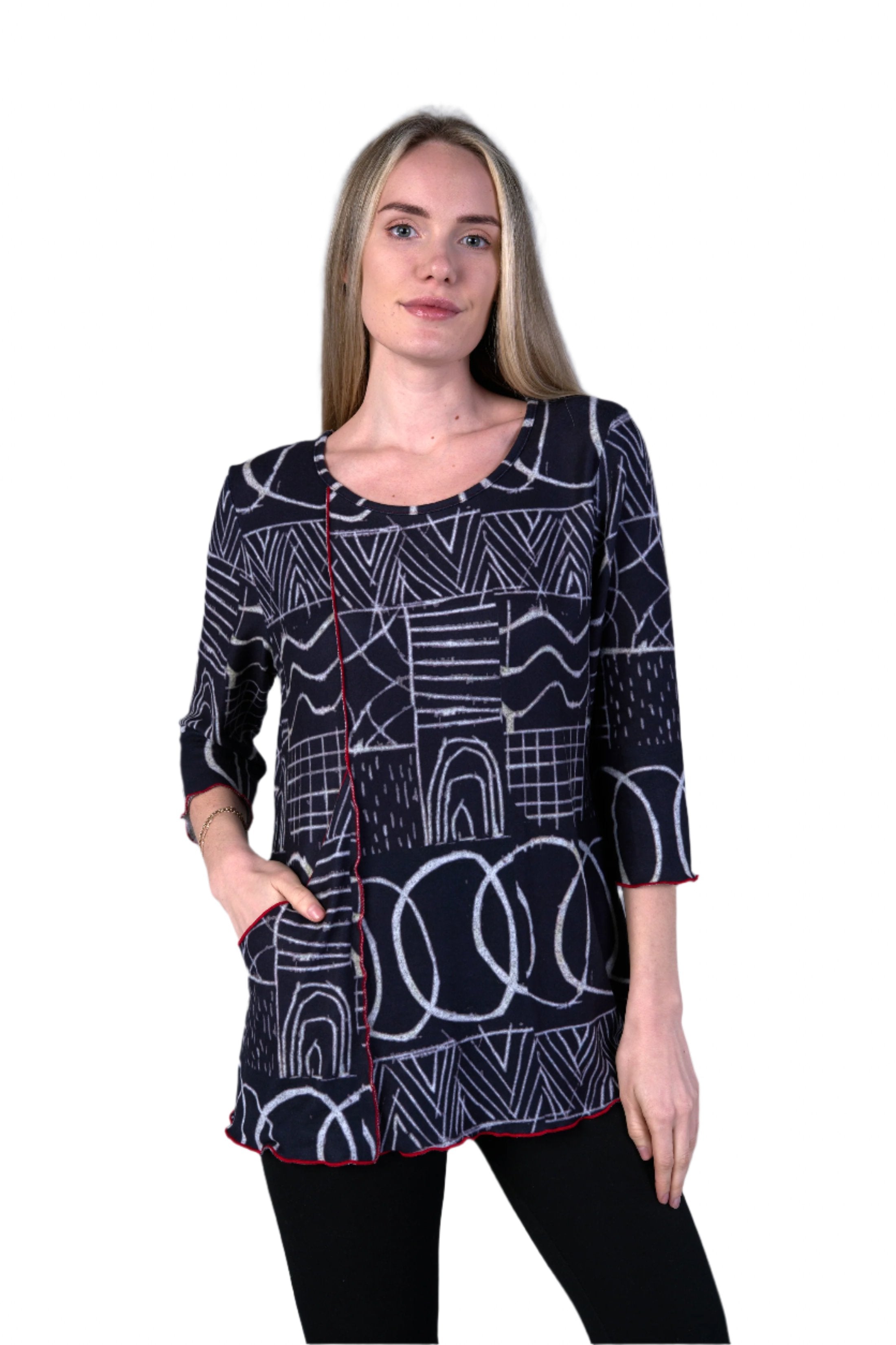 Shana 24684BK Black and White Fleece Geometric Pattern 3/4 Sleeve Asymmetric Hem Top With Red Seam Accents and Pocket