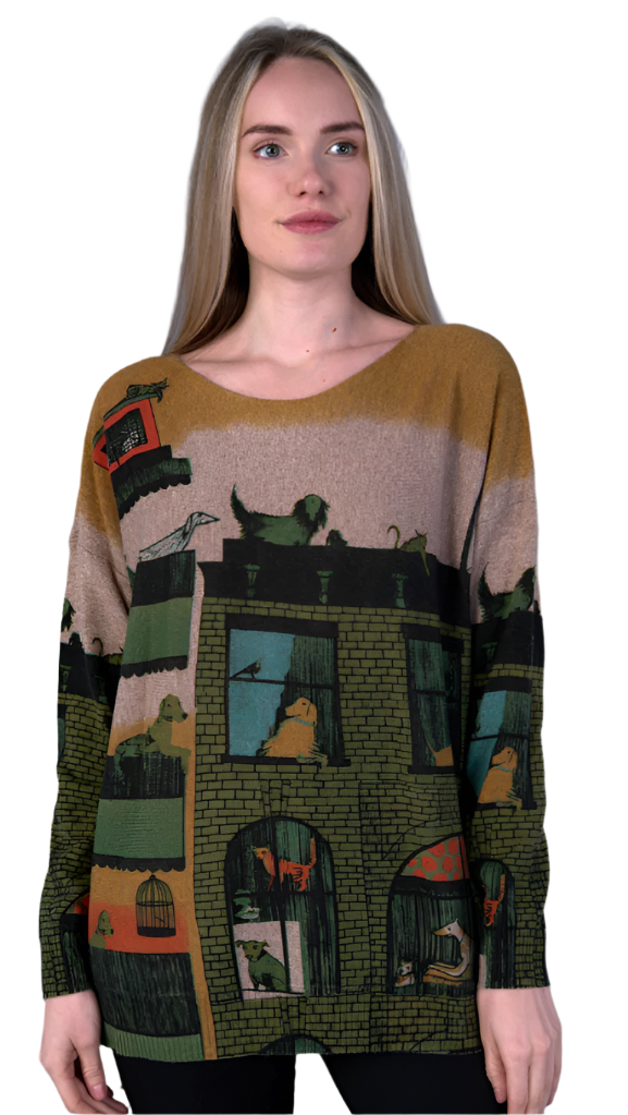 Shana 24710HS Dog House Round Neck Long Dolman Sleeve Printed Sweater