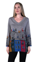 Shana 24712CT Multicolor Rooftop Cats Top With V-Neck and Long Sleeves