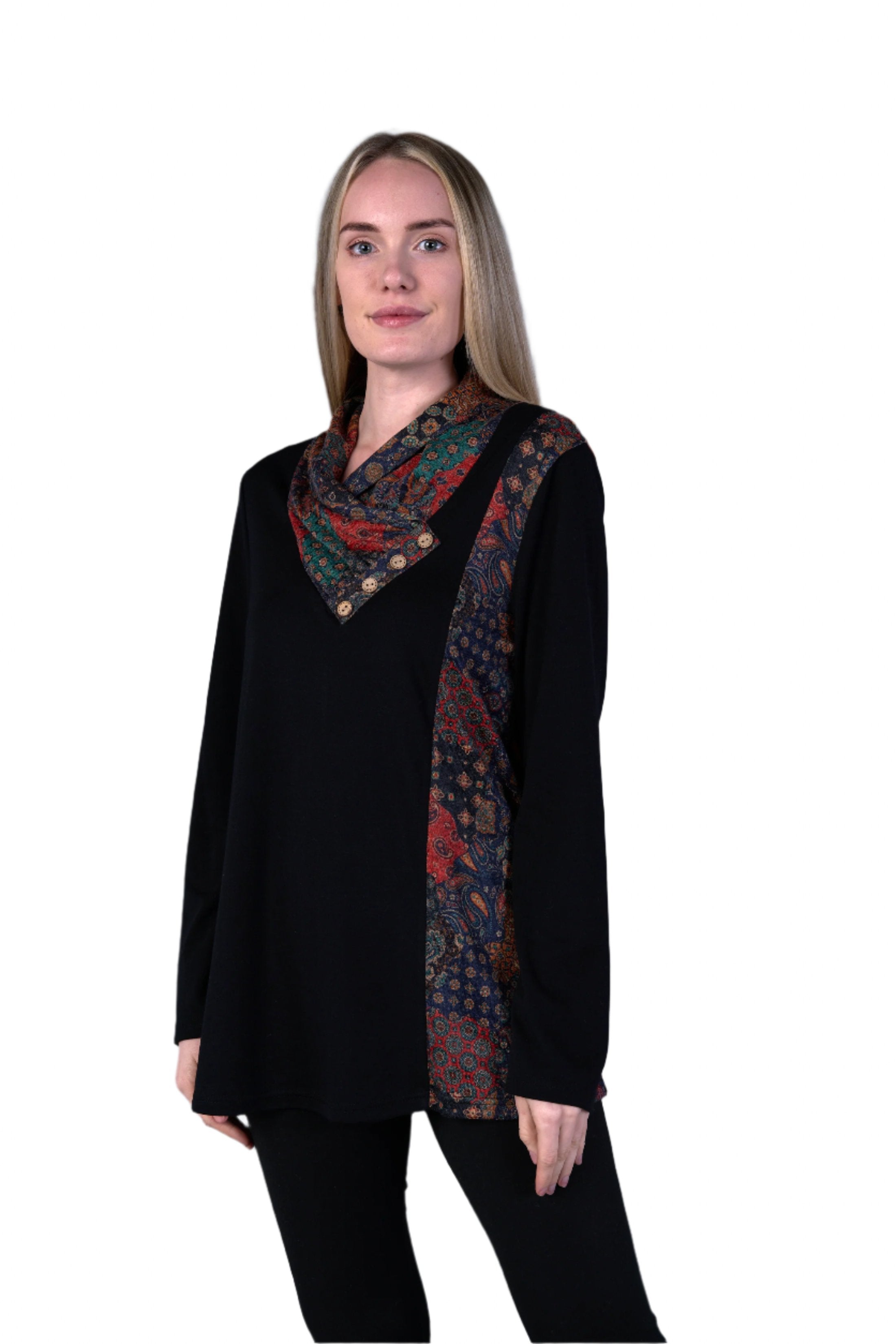 Shana 24813BK Black Cowl Neck Long Sleeve Top With Paisley Panels