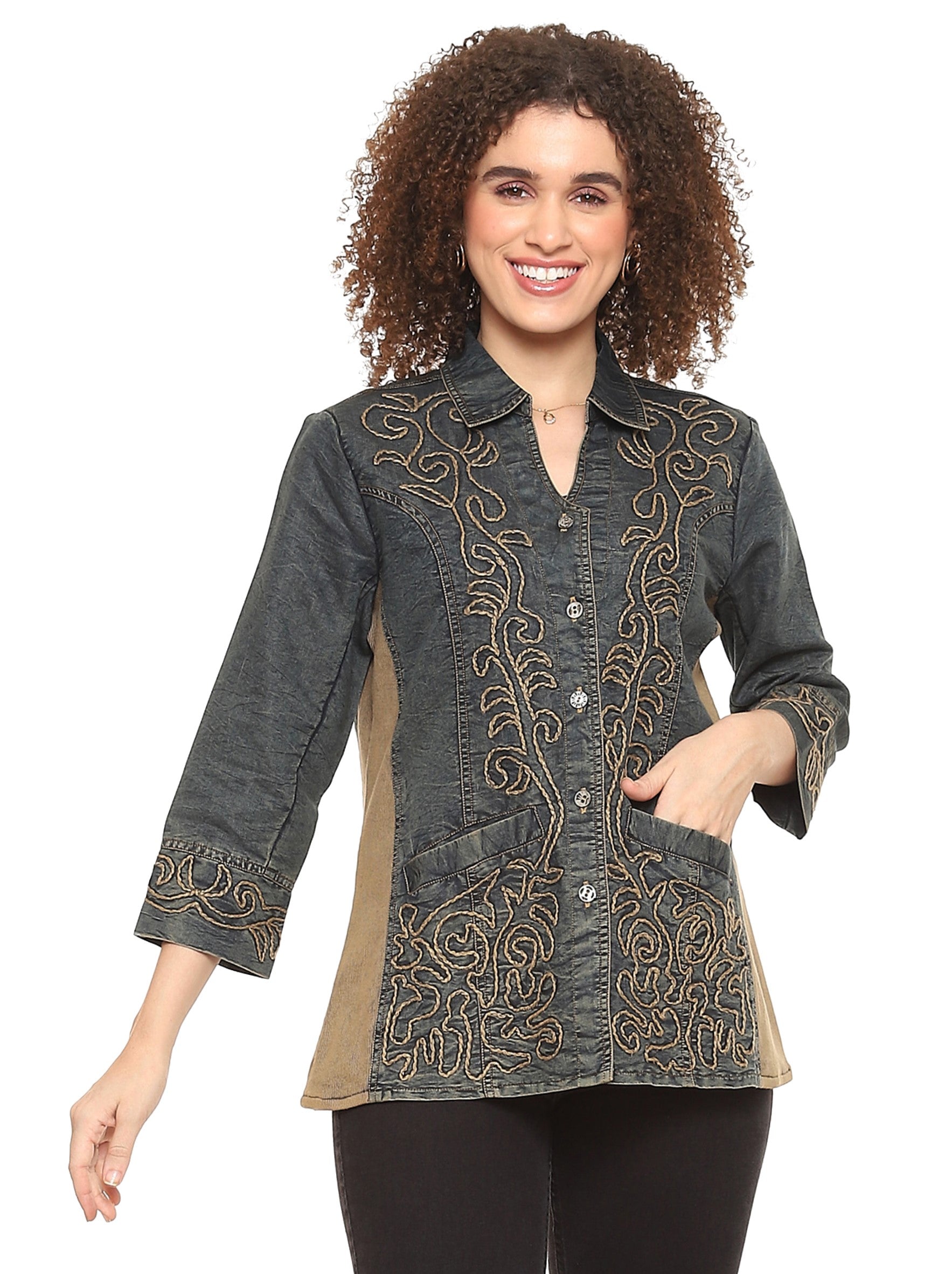 Parsley & Sage 24F560G Black and Tan Embroidered Journee Shirt With Pockets