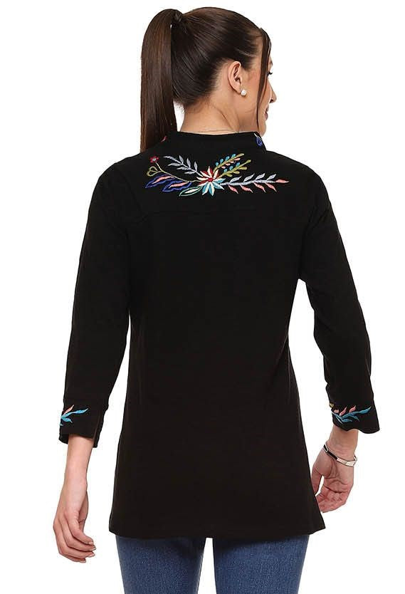 Parsley & Sage 24S444C3 Black Embroidered V-Neck Collared Pullover Top
