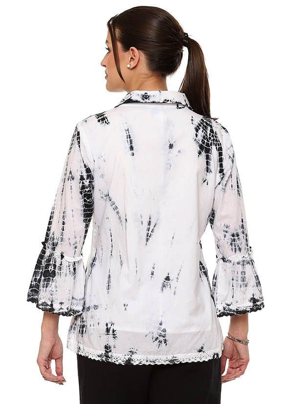 Parsley & Sage 24T23GBK Black on White Tie Dye Button Front V-Neck Collared Top