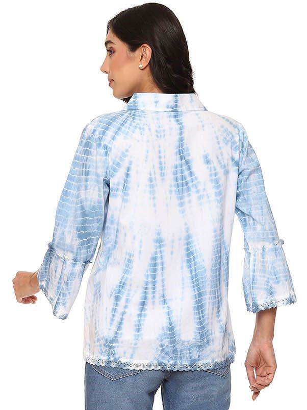 Parsley & Sage 24T23GBU Blue on White Tie Dye Button Front V-Neck Collared Top