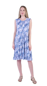 Shana 25011BU Blue and White Floral Sleeveless Round Neck Crinkle Dress