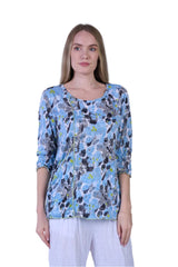 Shana 25014L Lime and Blue Floral Scoop Neck Crinkle Top