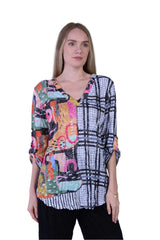 Shana 25057M Multicolor Patchwork V-Neck Round Hem Crinkle Top