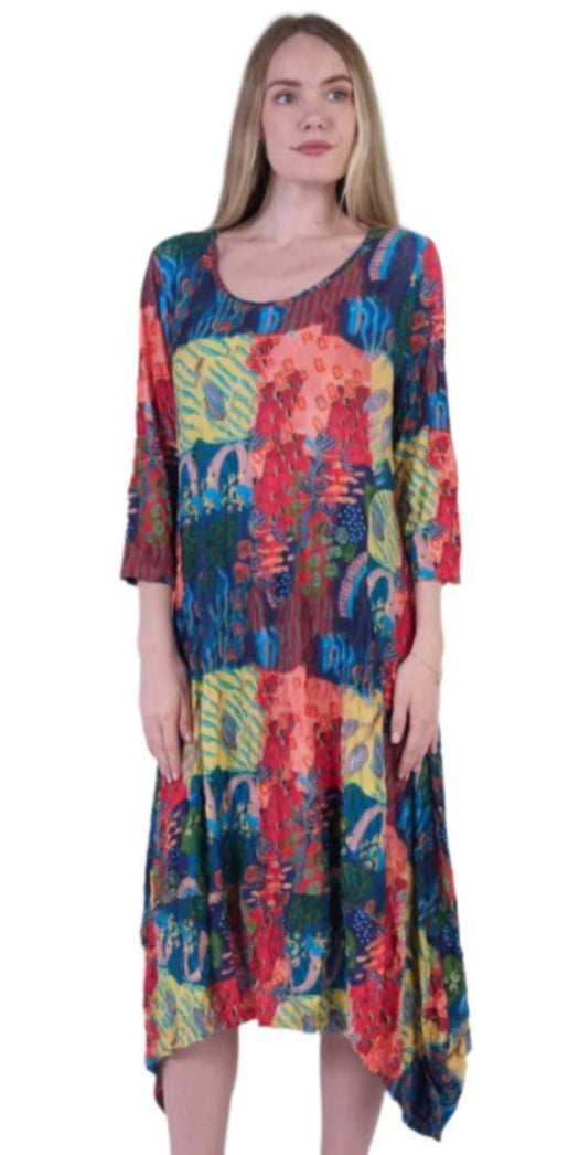 Shana 25074MU Multicolor Scoop Neck 3/4 Sleeve Shark Bite Hem Dress