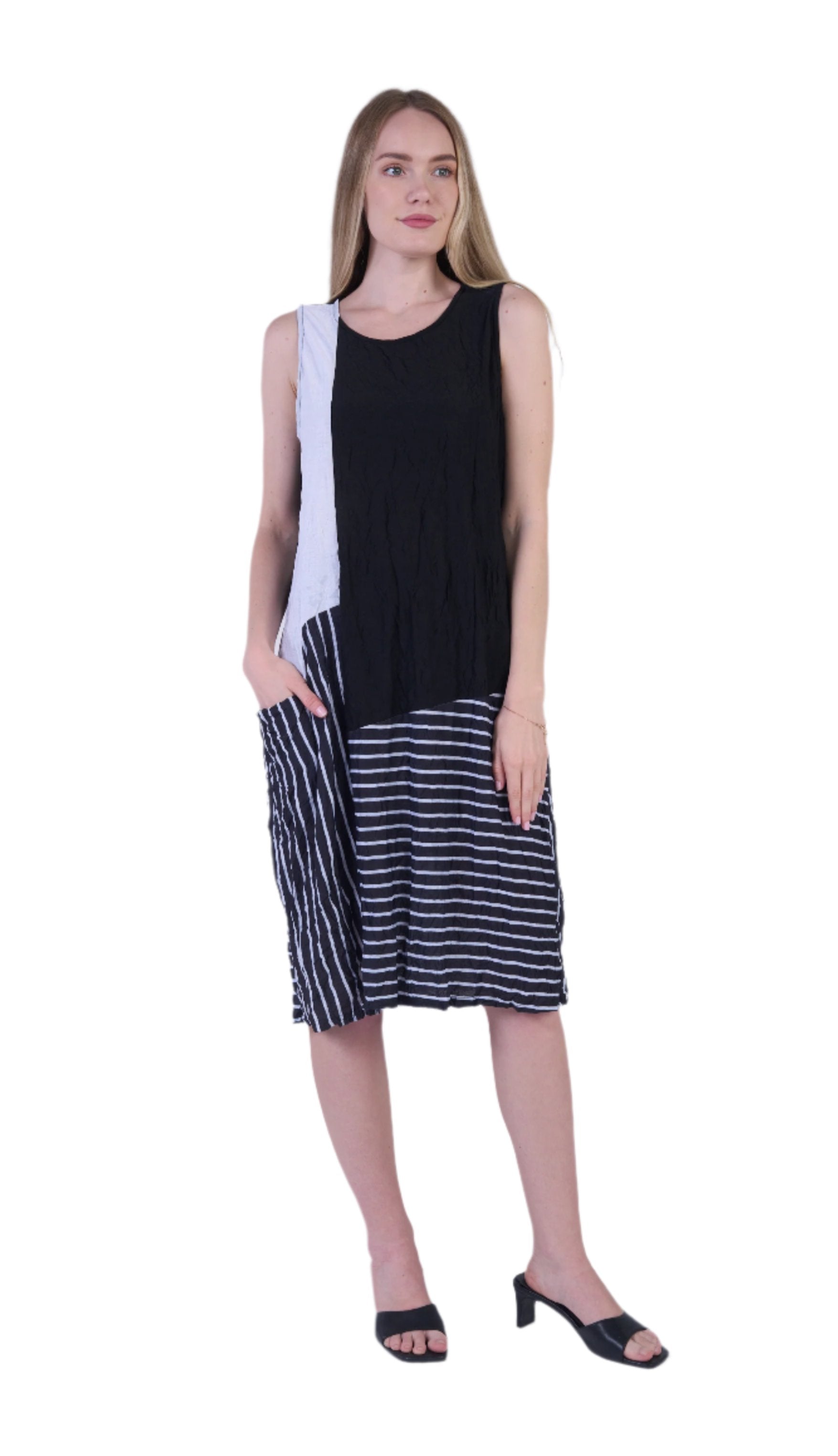 Shana 25079BK Black and White Solid and Stripe Round Neck Sleeveless Tank Dress With Pocket