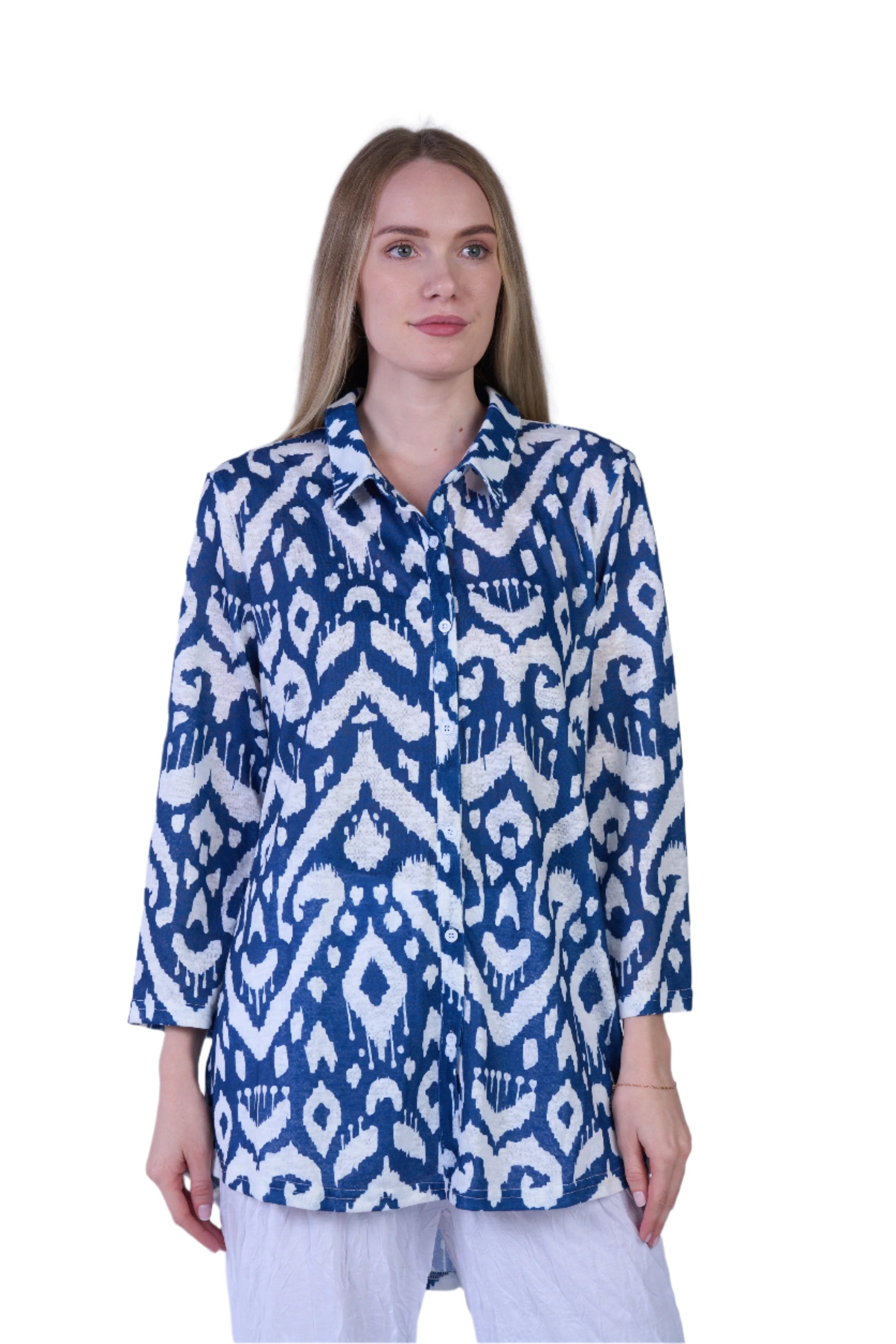 Shana 25132N Navy and White Pattern Long Sleeve Blouse