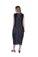 Shana 25154BK Solid and Patterned Black Patchwork Round Neck Sleeveless Dress With Pockets