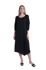 Shana 25231BK Solid Black Round Neck 3/4 Sleeve Dress With Asymmetric Hemline