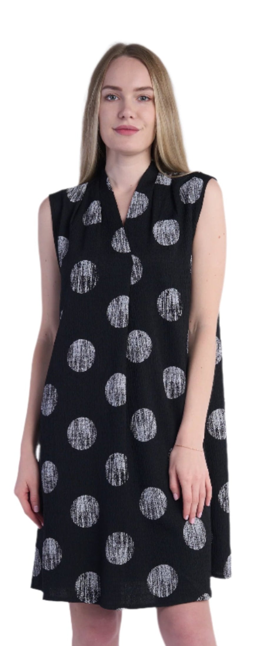 Shana 25269BK Black Puffer Moon Polka Dot Sleeveless Crinkle Tank Dress