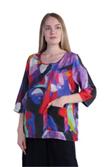 Shana 25304P Purple Multicolor 3/4 Sleeve Scoop Neck Blouse With Pocket