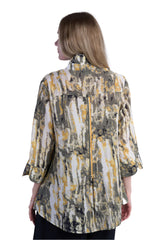 Shana 25309Y Yellow Grey White 3/4 Split Cuff Sleeve Button Front Blouse