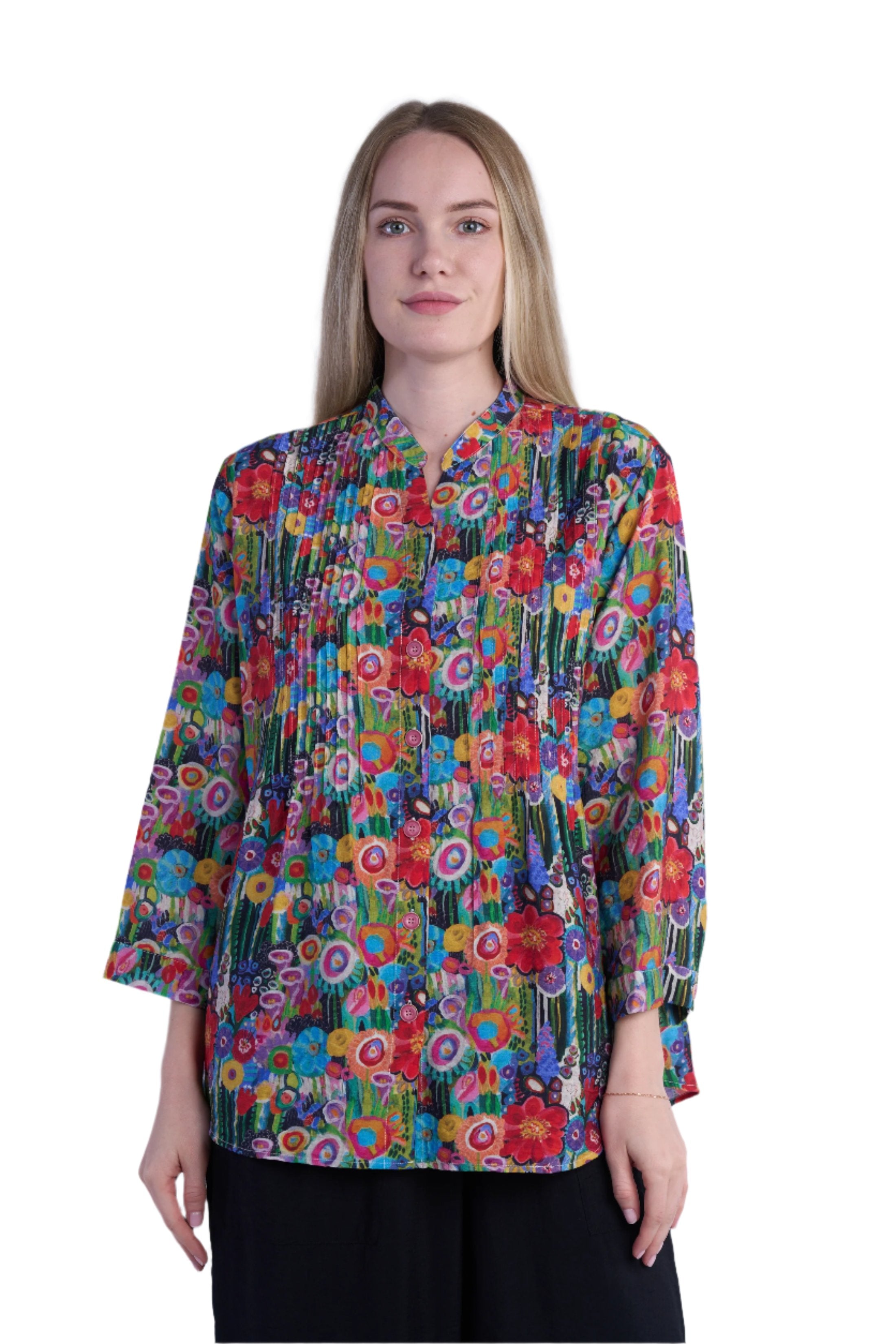 Shana 25313G Garden Pattern Long Sleeve Button Front Blouse