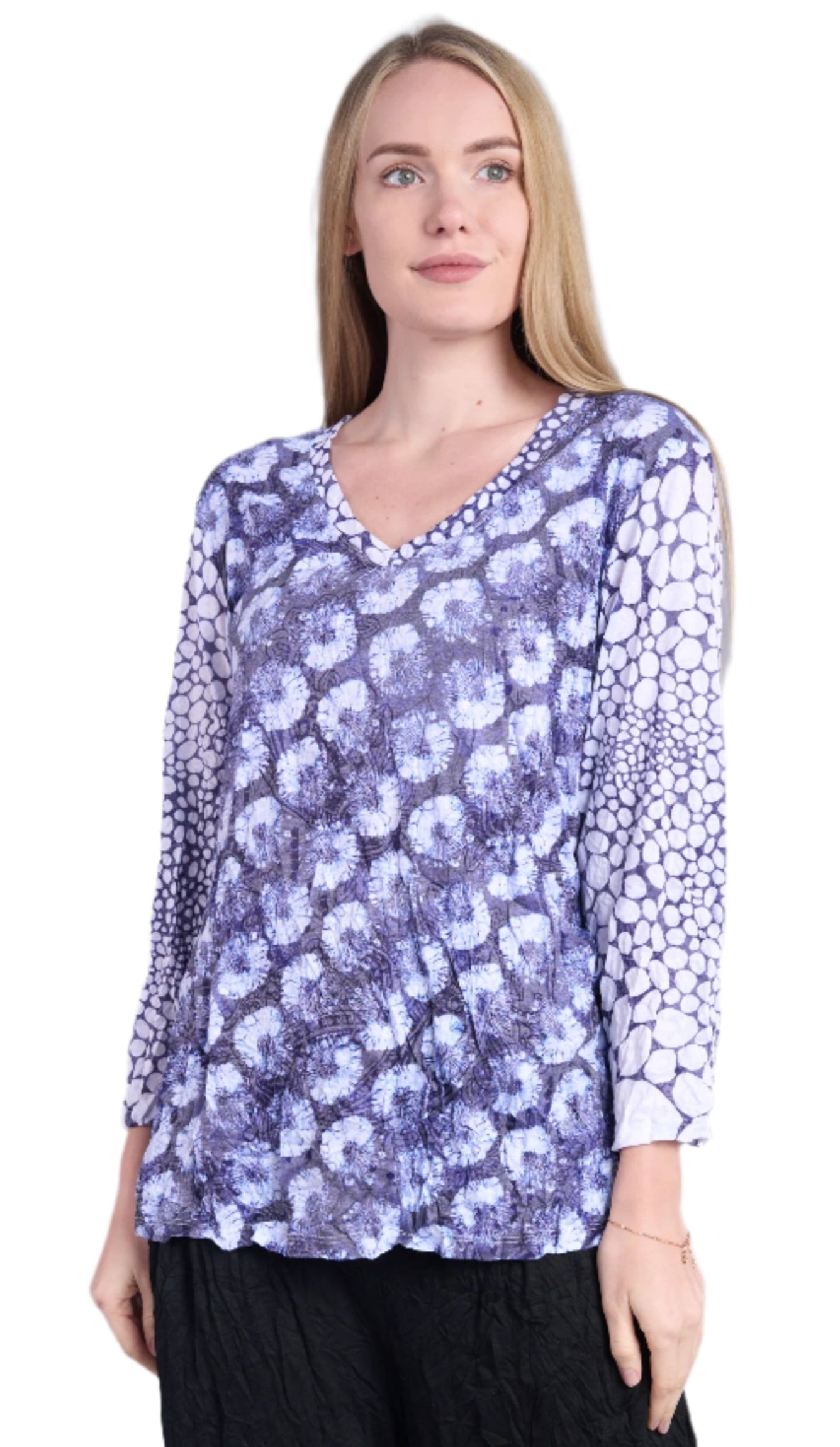 Shana 25603NV Navy and White Floral Mixed Pattern Crinkle Long Sleeve V-Neck Top