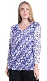 Shana 25603NV Navy and White Floral Mixed Pattern Crinkle Long Sleeve V-Neck Top